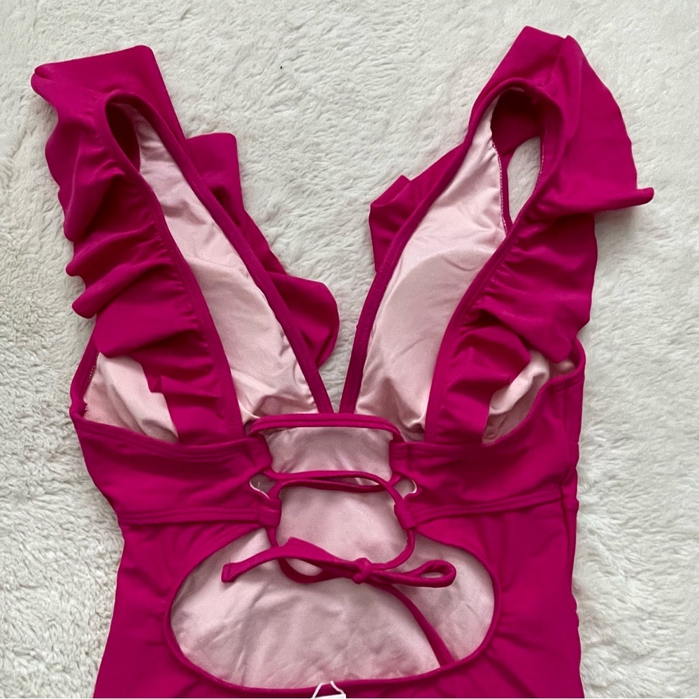 NWT CUPSHE Women's Deep V-Neck Ruffled Lace Up One Piece Swimsuit Hot Pink Small - Picture 4 of 13